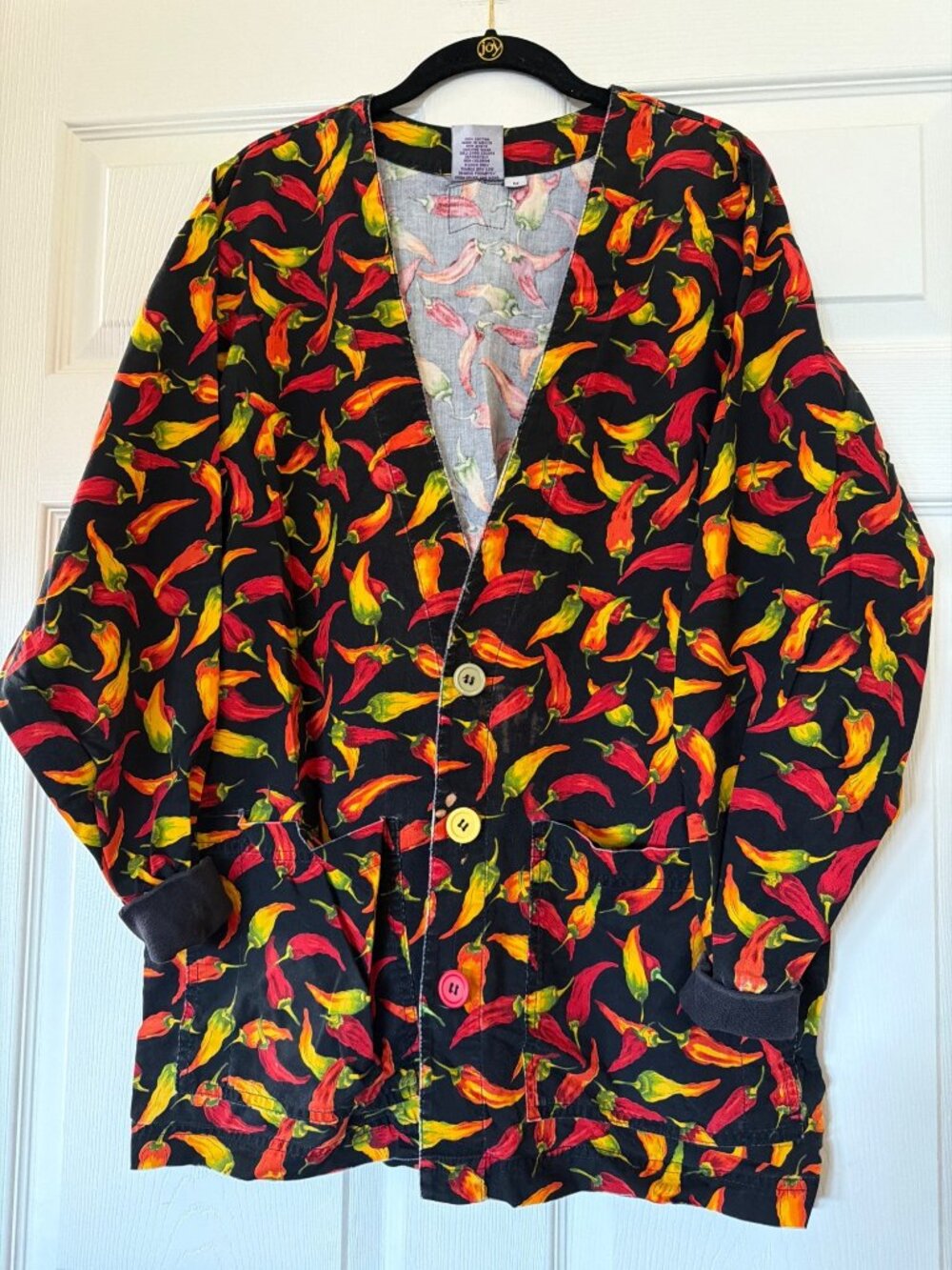 S.C.R.U.B.S. Chili Pepper Print Button-Up Jacket Cardigan 100% Cotton Black M